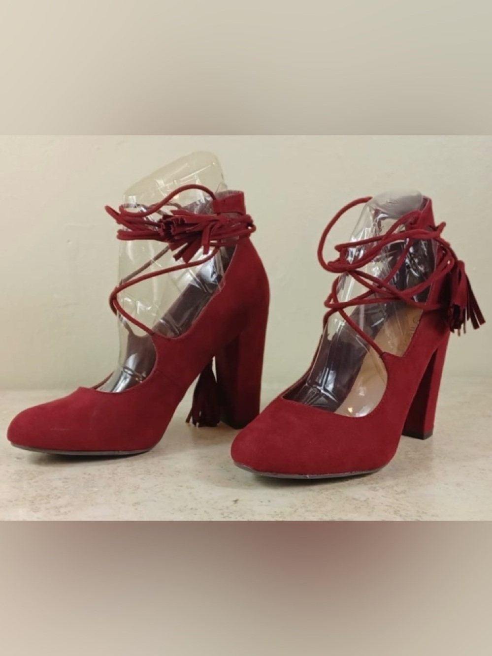 Rouge Helium Red Suede Lace-Up Block Heel Pumps - Picture 5 of 8